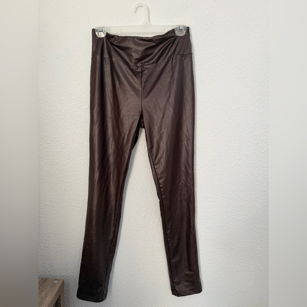Ambiance Apparel Chocolate Brown Faux Leather Leggings | Large